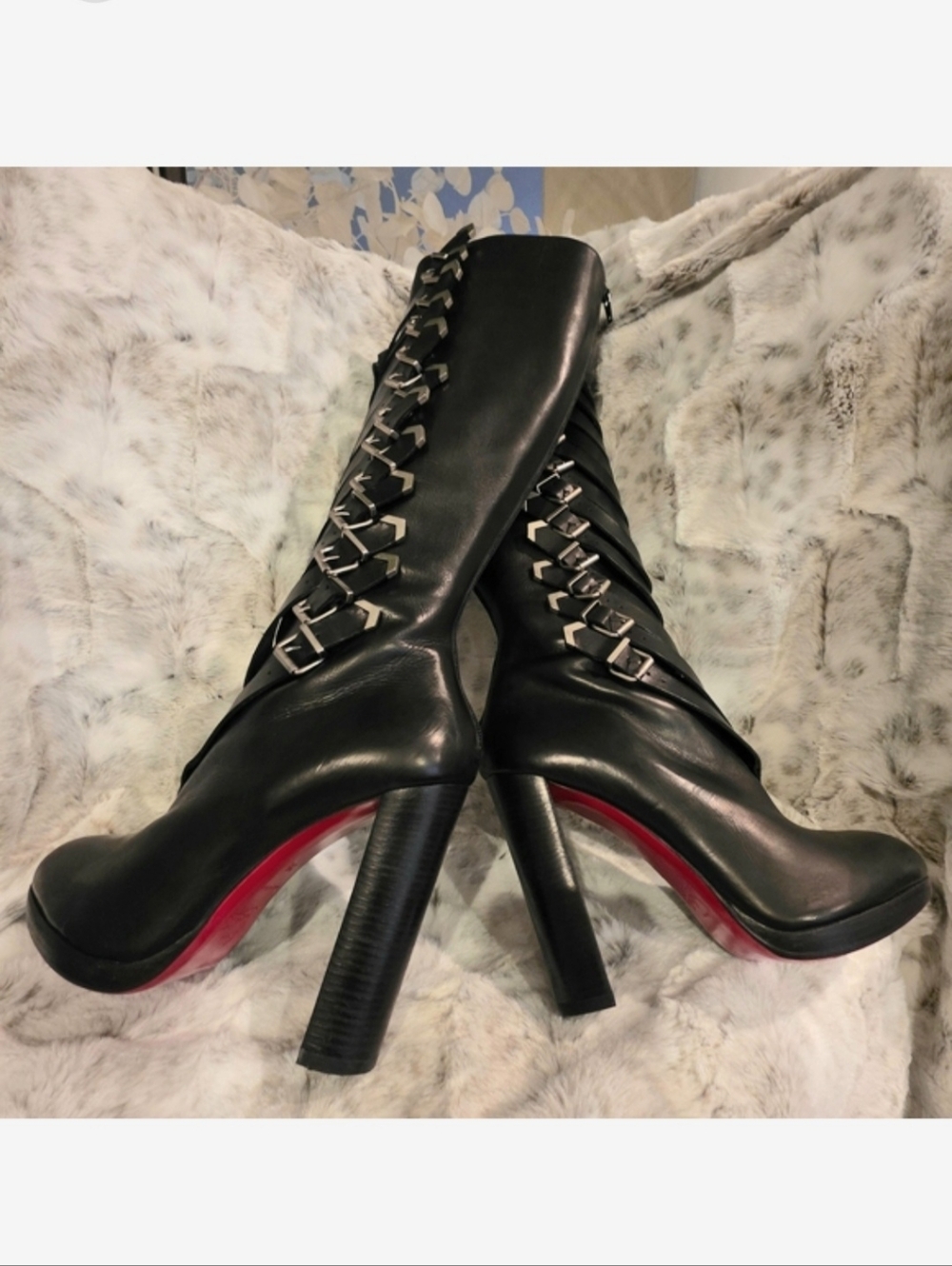 Christian Louboutin Black Leather High Heeled Boots with Silver Buckles EU 39 - Picture 4 of 13